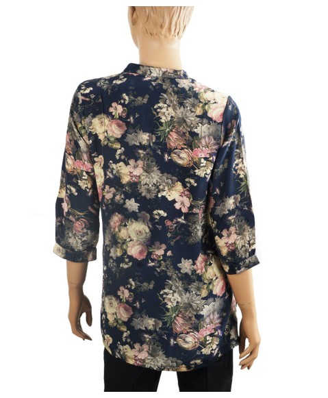 Short Silk Shirt - Black Base With Pink Floral
