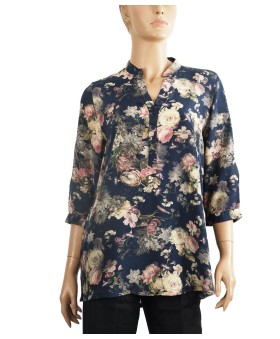 Short Silk Shirt - Black Base With Pink Floral