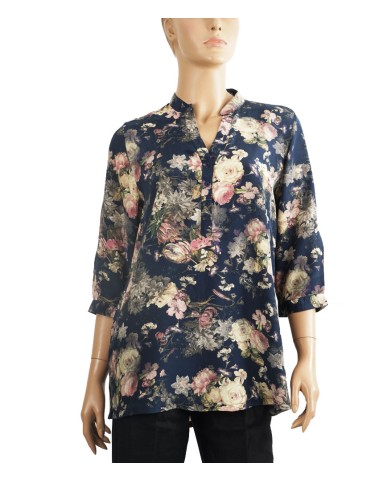 Short Silk Shirt - Black Base With Pink Floral