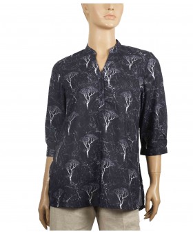 Casual Kurti - Black With White Tree Print