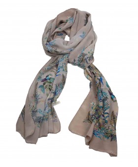 Crepe Silk Scarf - Beige Leafy Print