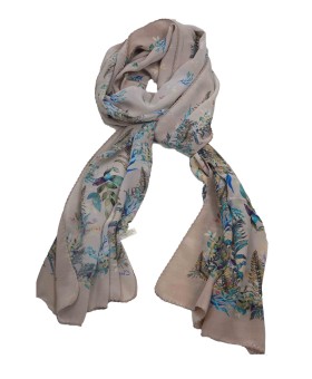 Crepe Silk Scarf - Beige Leafy Print