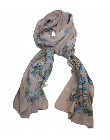 Crepe Silk Scarf - Beige Leafy Print