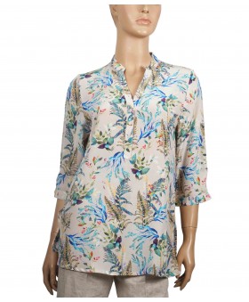 Short Silk Shirt - Beige Leafy Prints