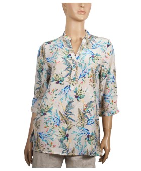 Short Silk Shirt - Beige Leafy Prints