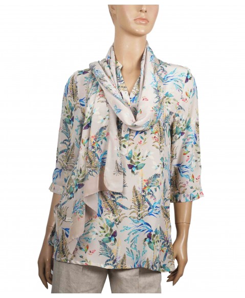 Short Silk Shirt - Beige Leafy Prints