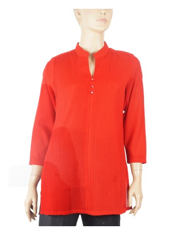 Casual Kurti - Red Pintuck With Diamond Button