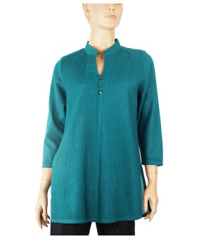 Casual Kurti - Peacock Green Pintuck With Diamond Button