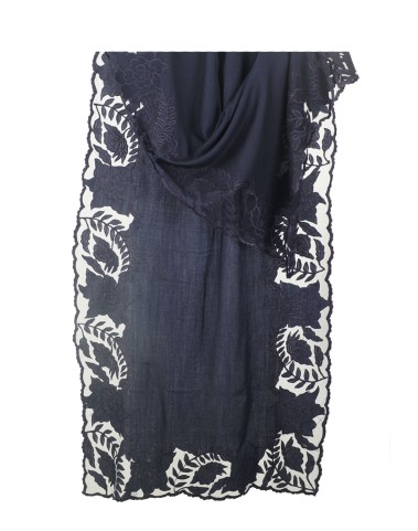 Navy Blue Floral Cutwork Stole