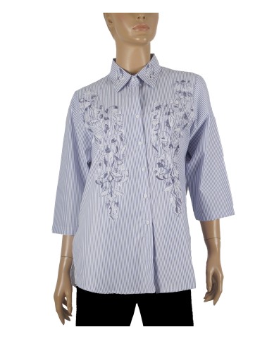 Casual Shirt - White And Blue Stripe With Embroidery Casual Shirt - White And Blue Stripe With Embroidery