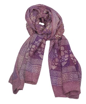 Crepe Silk Scarf - Beige Floral On Purple Base