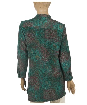 Long Silk Shirt - Green Floral Abstract