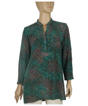 Long Silk Shirt - Green Floral Abstract