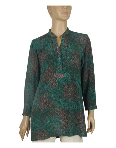 Long Silk Shirt - Green Floral Abstract