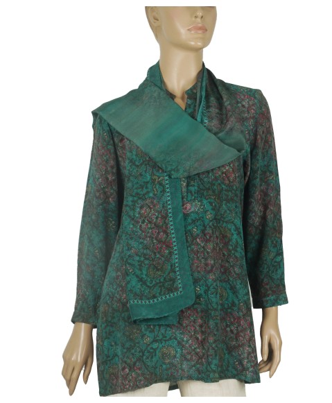 Long Silk Shirt - Green Floral Abstract