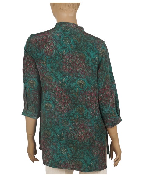 Short Silk Shirt - Green Floral Abstract Short Silk Shirt - Green Floral Abstract