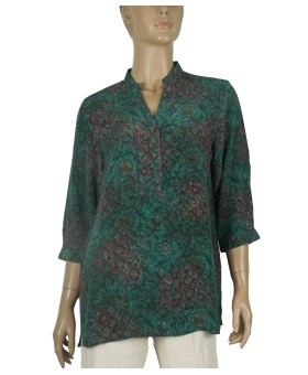 Short Silk Shirt - Green Floral Abstract