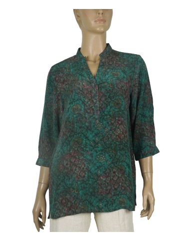 Short Silk Shirt - Green Floral Abstract Short Silk Shirt - Green Floral Abstract