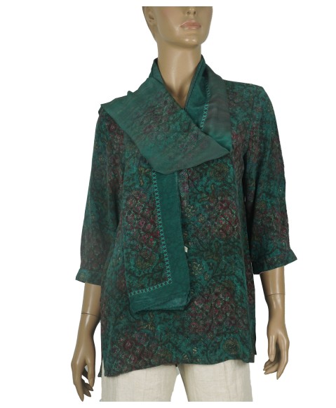 Short Silk Shirt - Green Floral Abstract Short Silk Shirt - Green Floral Abstract