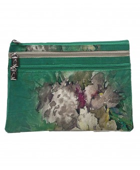 3 Zip Pouch - Beige Floral With Green Base