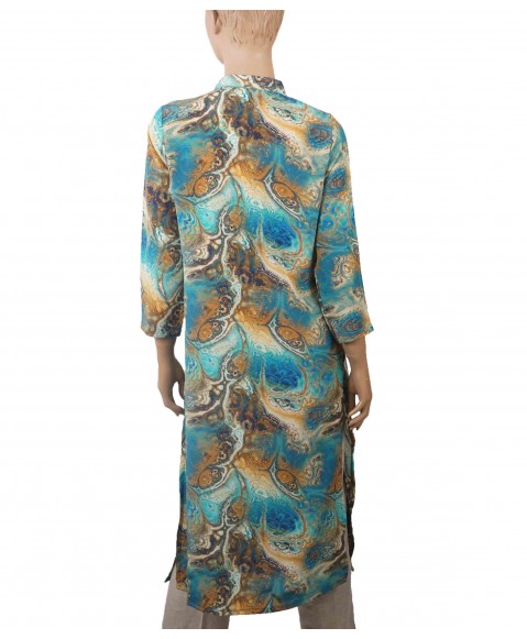 Long Embroidered Silk Kurti - Blue Splash