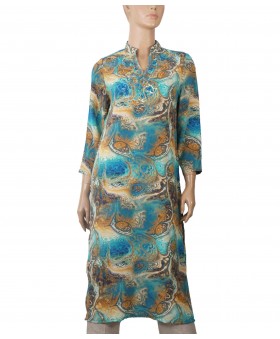 Long Embroidered Silk Kurti - Blue Splash