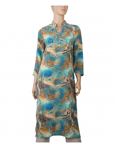 Long Embroidered Silk Kurti - Blue Splash