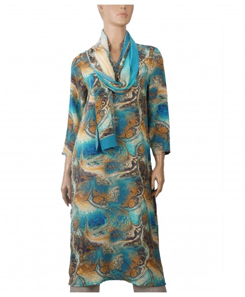 Long Embroidered Silk Kurti - Blue Splash