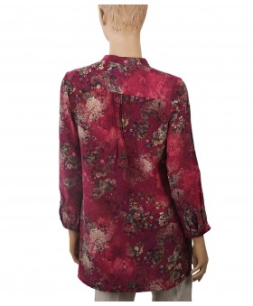 Long Silk Shirt - Wine Base With Beige Floral 