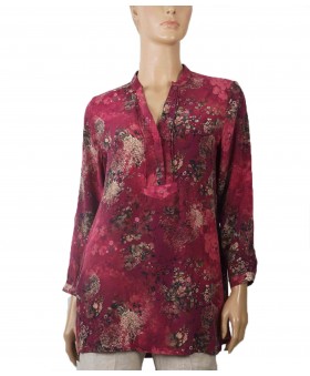 Long Silk Shirt - Wine Base With Beige Floral 
