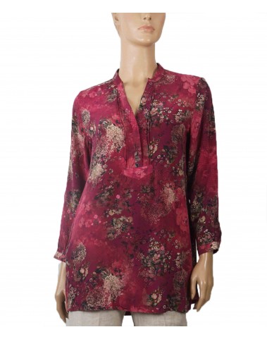 Long Silk Shirt - Wine Base With Beige Floral 