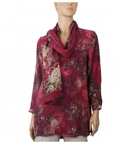 Long Silk Shirt - Wine Base With Beige Floral 