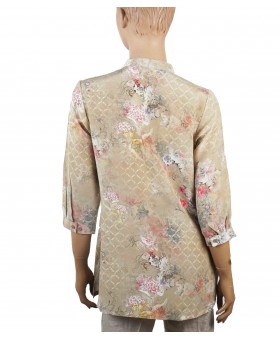 Short Silk Shirt -Beige With Pink Flowers