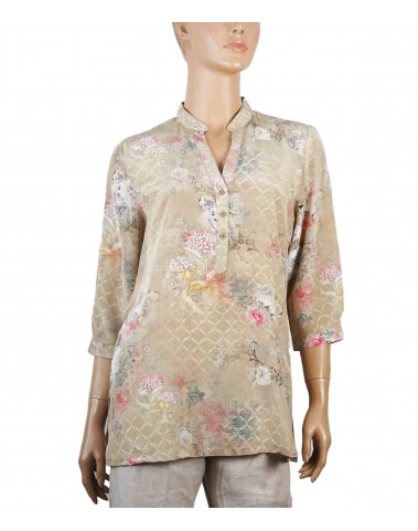 Short Silk Shirt -Beige With Pink Flowers