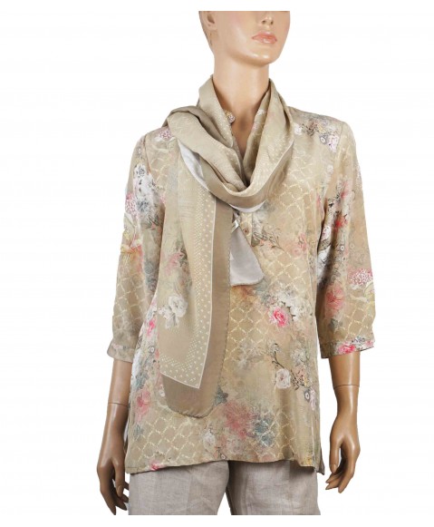 Short Silk Shirt -Beige With Pink Flowers