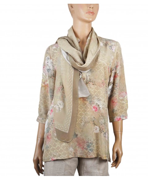 Short Silk Shirt -Beige With Pink Flowers