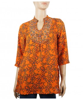 Embroidered Casual Kurti - Orange Bandhani