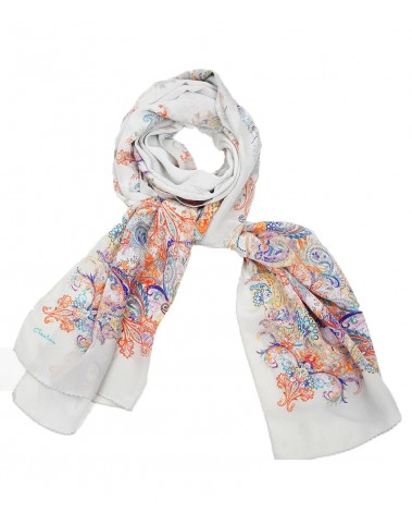 Crepe Silk Scarf - Colorful Paisley on White