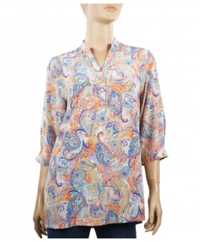 Short Silk Shirt - Colorful Paisley on White