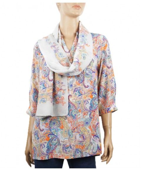 Short Silk Shirt - Colorful Paisley on White