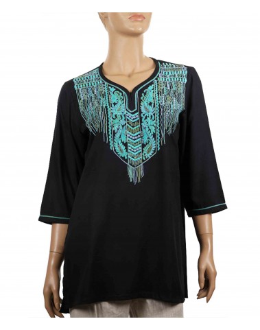 Embroidered Casual Kurti- Turquoise Paisley on Black