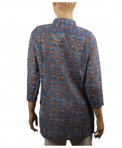 Casual Kurti - Rust Floral on Peacock Blue Pintuck