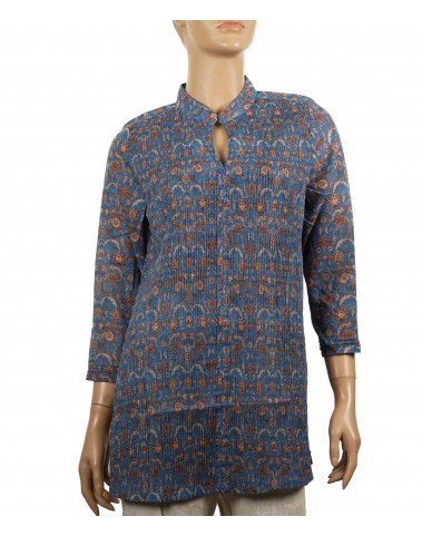 Casual Kurti - Rust Floral on Peacock Blue Pintuck