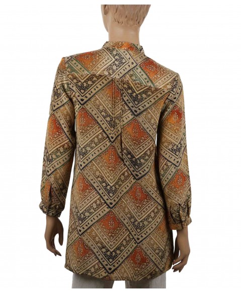 Long Silk Shirt - Beige and Rust Squares