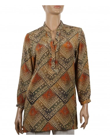 Long Silk Shirt - Beige and Rust Squares