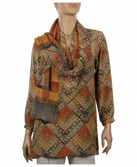 Long Silk Shirt - Beige and Rust Squares