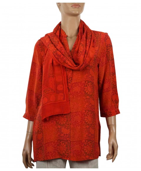 Short Silk Shirt - Red Floral Patches