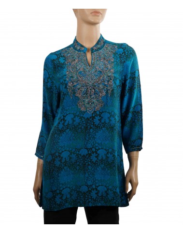 Antique Silk Kurti - Blue and Green Floral Patch