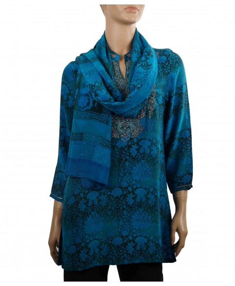 Antique Silk Kurti - Blue and Green Floral Patch