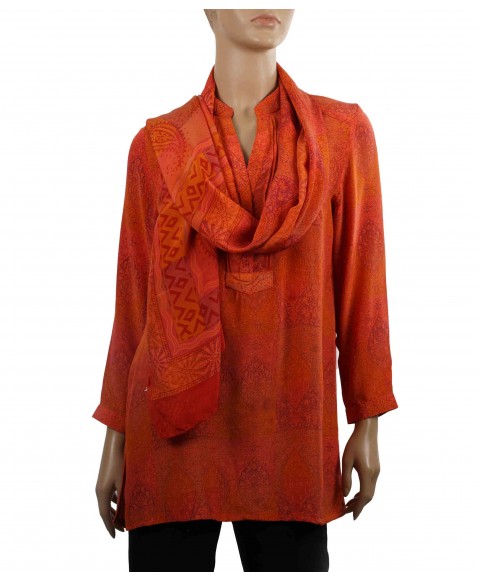 Long Silk Shirt - Orange Patchwork